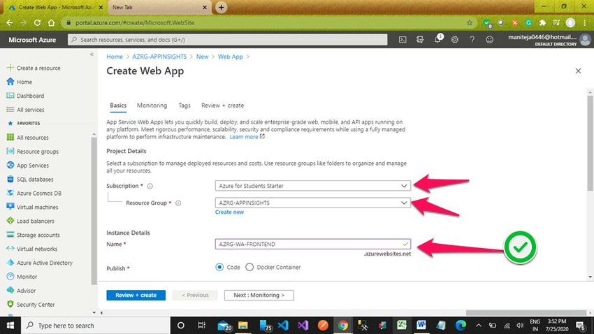 New Azure web